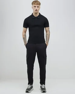 Black Muscle Fit Quarter Zip Polo Shirt