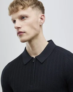 Black Muscle Fit Quarter Zip Polo Shirt