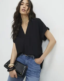 Black Notch Neck Short Sleeve Top