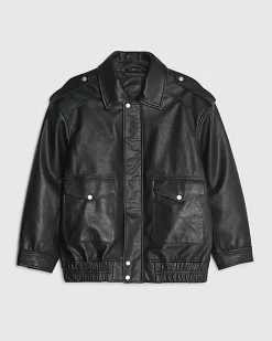 Black Oversize Leather Bomber Jacket