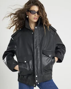 Black Oversize Leather Bomber Jacket