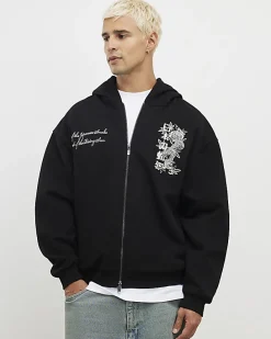Black Oversized Fit Japanese Snake Zip Hoodie