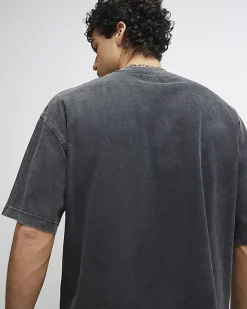 Black Oversized Fit Midweight Print T-Shirt
