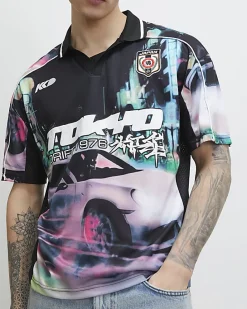 Black Oversized Fit Tokyo Drift Polo Shirt