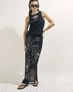 Black Palm Embroidered Sarong Skirt