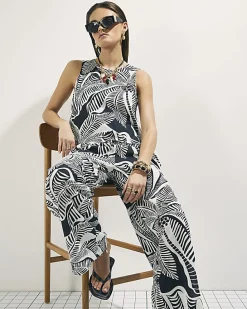Black Palm Print Beach Trousers