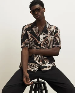 Black Palm Print Short Sleeve Shirt