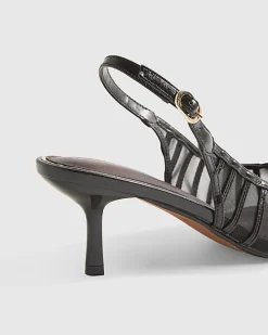 Black Panelled Mesh Slingback Court Heels
