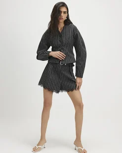 Black Pinstripe Lace Trim Shorts