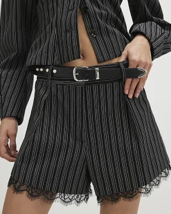 Black Pinstripe Lace Trim Shorts