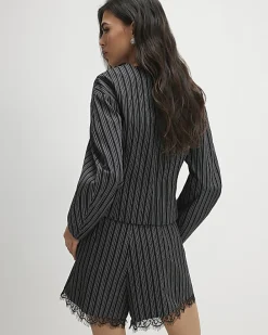 Black Pinstripe Lace Trim Shorts