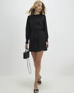 Black Pleated Neck Mini Shift Dress