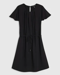 Black Pleated Short Sleeve Mini Shift Dress