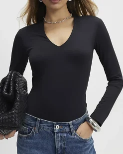 Black Plunge Neckline Long Sleeve Bodysuit