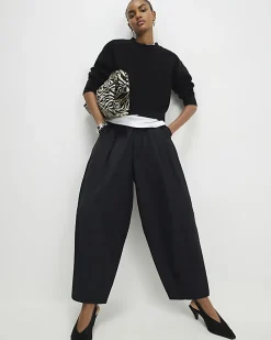 Black Poplin Barrel Leg Trousers