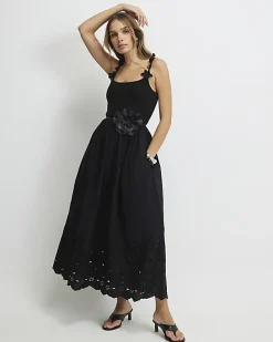 Black Poplin Broderie Tie Back Midi Dress