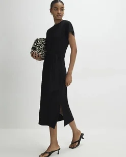 Black Premium Short Sleeve Knot Midi Dress