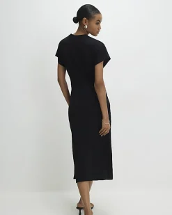 Black Premium Short Sleeve Knot Midi Dress