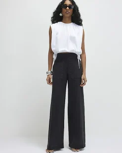 Black Pull On Elasticated Wide Leg Jeans