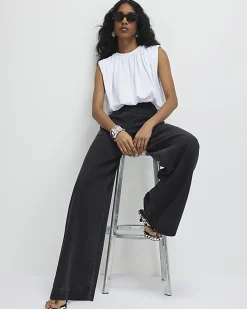 Black Pull On Elasticated Wide Leg Jeans