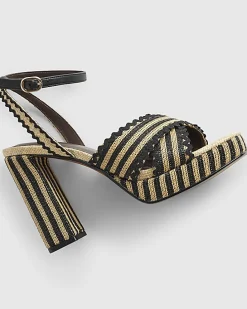 Black Raffia Stripe Platform Heeled Sandals