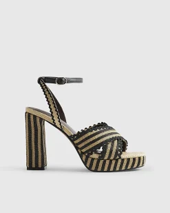 Black Raffia Stripe Platform Heeled Sandals