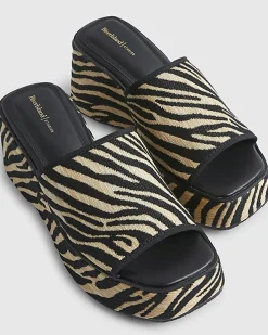Black Raffia Zebra Print Mule Wedge Sandals