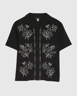 Black Regular Fit Floral Embroidered Shirt
