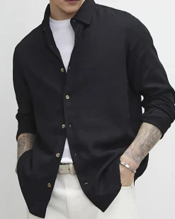 Black Regular Fit Luminus Linen Blend Shirt