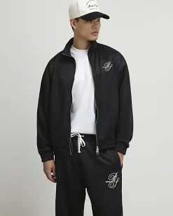 Black Regular Fit Script Zip Through Jacket