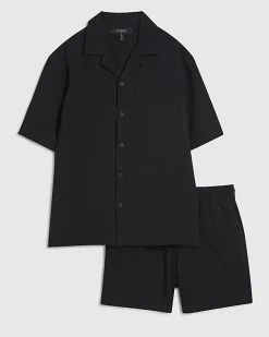 Black Regular Fit Textured Shirt & Short Set
