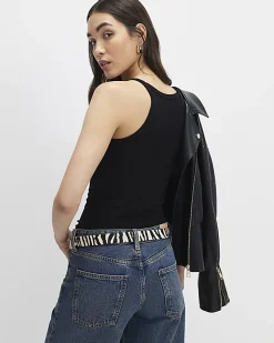 Black Ribbed Racer Front Tank Top