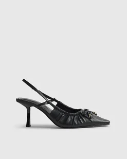 Black Ruched Bow Slingback Court Heels