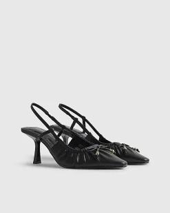 Black Ruched Bow Slingback Court Heels