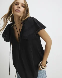 Black Ruffle Sleeve Lace Blouse