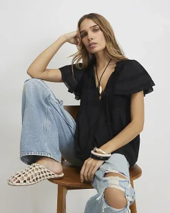 Black Ruffle Sleeve Lace Blouse