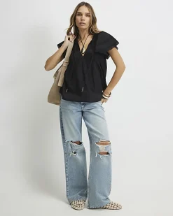 Black Ruffle Sleeve Lace Blouse