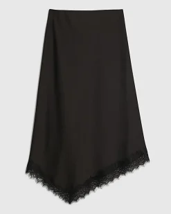 Black Satin Asymmetric Lace Trim Midi Skirt