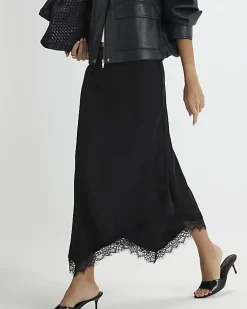Black Satin Asymmetric Lace Trim Midi Skirt