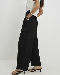 Black Satin Cargo Trousers