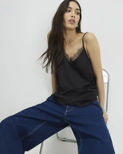 Black Satin Lace Trim Cami Top