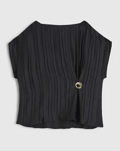 Black Satin Plisse Gold Detail Top