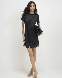 Black Satin Twist Side Mini Dress