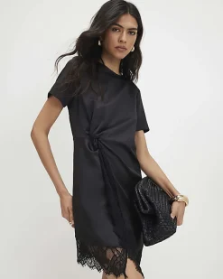 Black Satin Twist Side Mini Dress