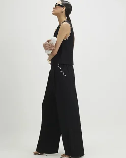 Black Scallop Trim Wide Leg Trousers