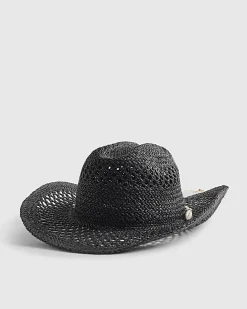 Black Shell Band Raffia Hat