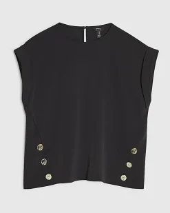 Black Short Sleeve Button Top
