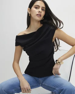 Black Short Sleeve Drape Off Shoulder Top
