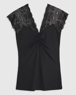 Black Short Sleeve Lace Trim Ruched Top