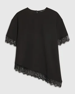 Black Short Sleeve Lace Trim Asymmetric Top